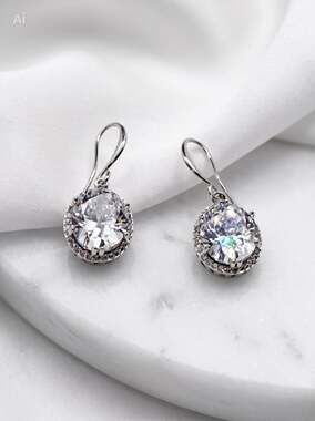 Sterling Silver Oval Cubic Zirconia Halo Leverback Drop Earrings